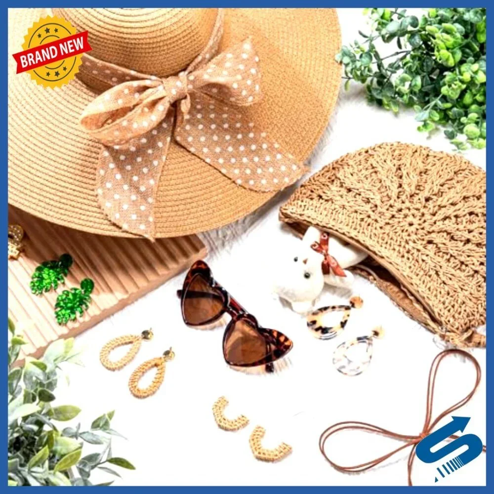 Boho Summer Beach Set Floppy Sun Hat Straw Bag Sunglasses Earrings Bracelet